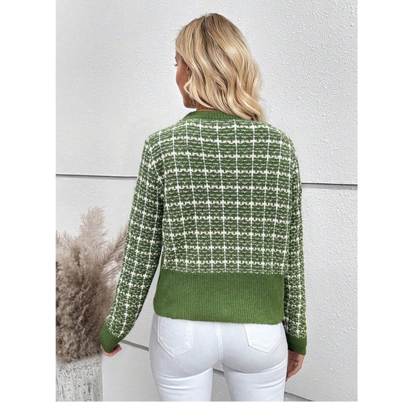 Green Plaid Button Up Cardigan Knit Long Sleeve  Stretchy Buttons - Picture 5 of 8